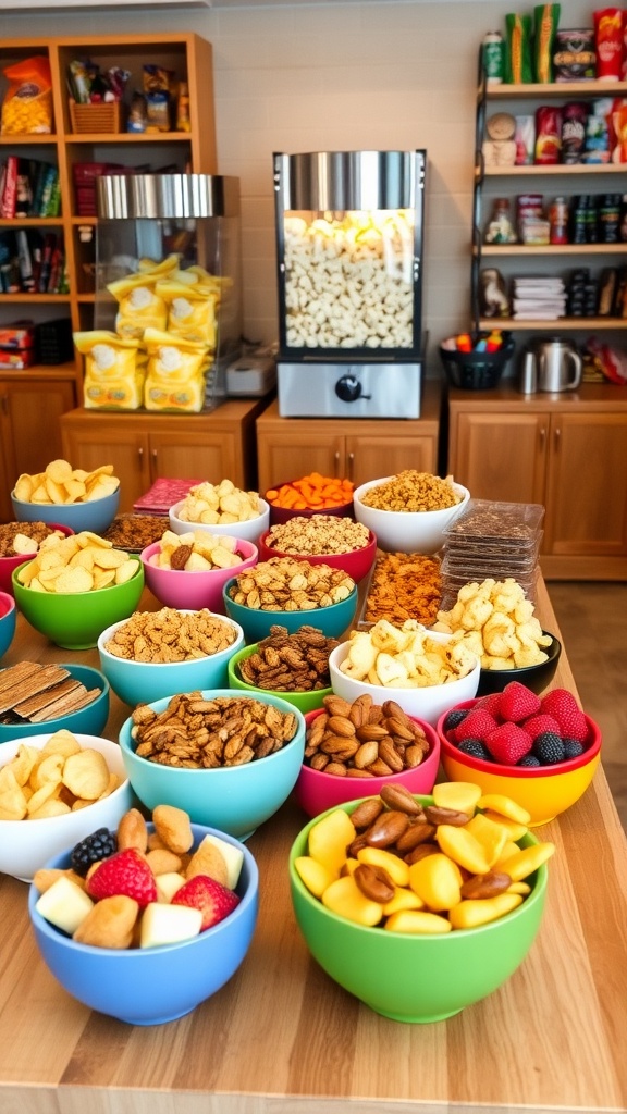 A well-stocked snack room with bowls of chips, granola bars, fruits, and popcorn.